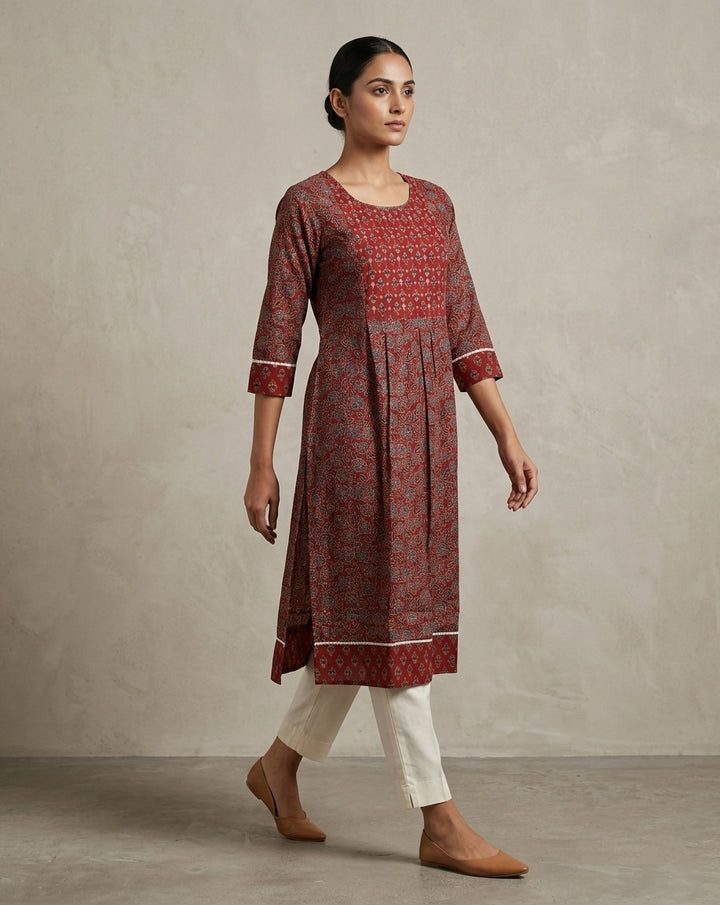 Terracotta Ajrakh Print Pleated Cotton Blend Kurta