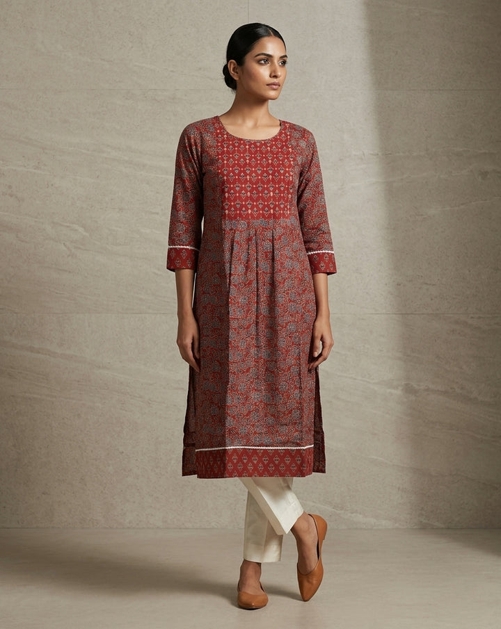 Terracotta Ajrakh Print Pleated Cotton Blend Kurta