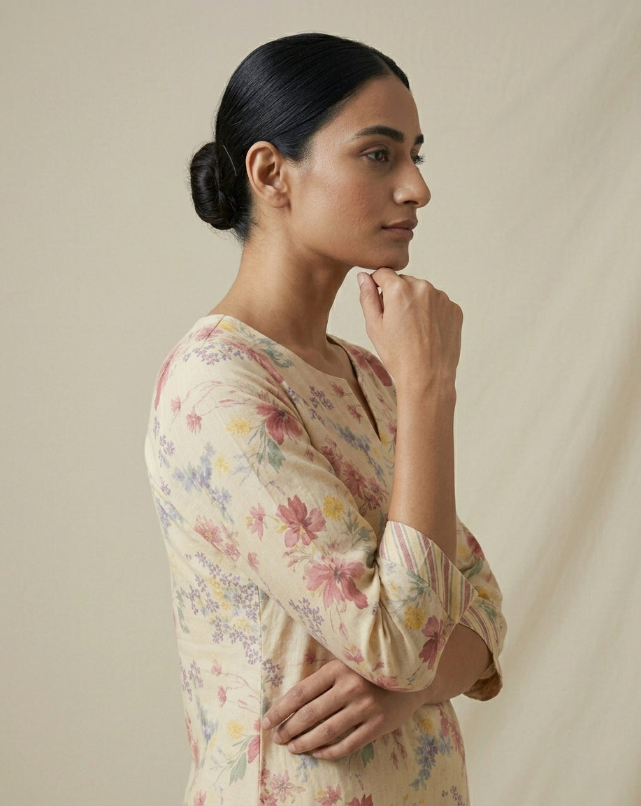 Terracotta Ajrakh Print Pleated Cotton Blend Kurta