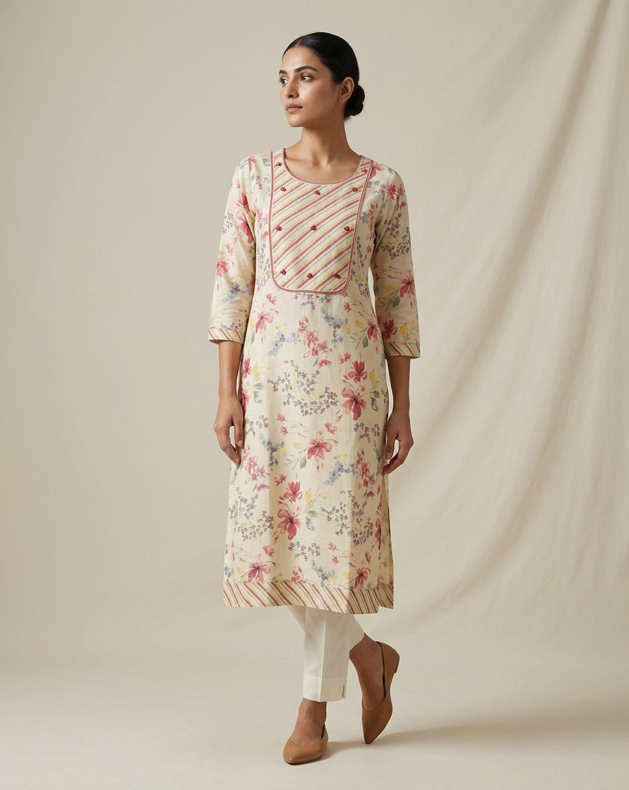Terracotta Ajrakh Print Pleated Cotton Blend Kurta