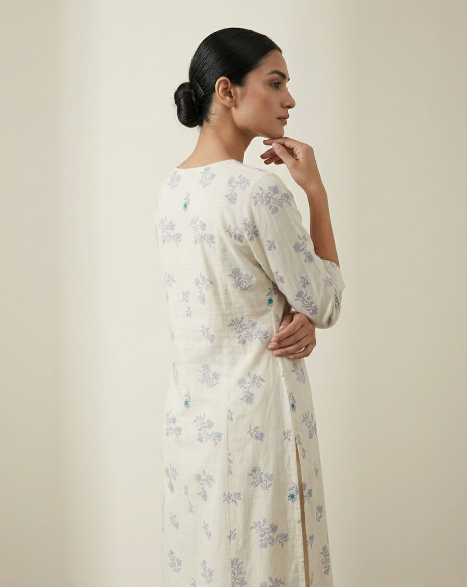 Off-White &amp; Purple Floral Sprig Cotton Blend Straight Kurta