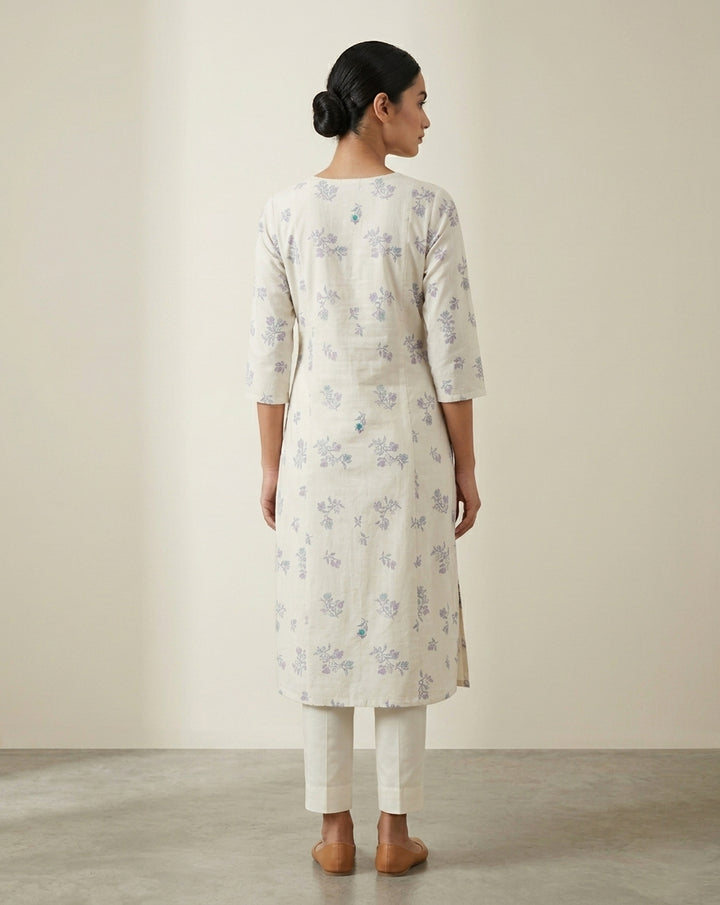 Off-White &amp; Purple Floral Sprig Cotton Blend Straight Kurta