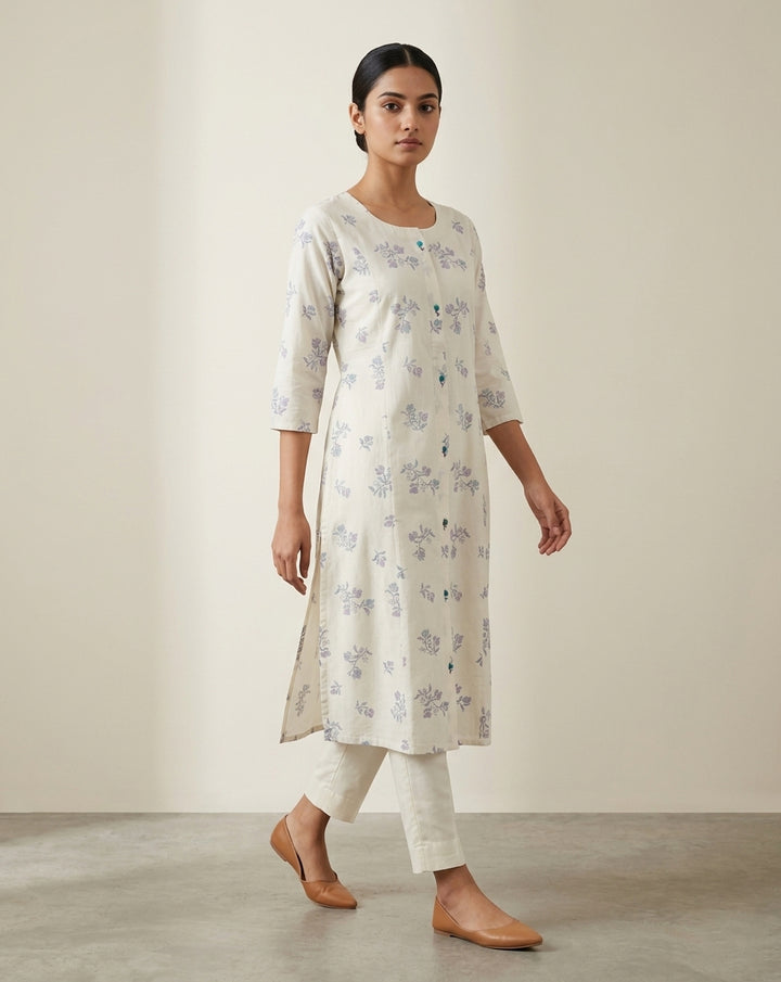 Off-White &amp; Purple Floral Sprig Cotton Blend Straight Kurta