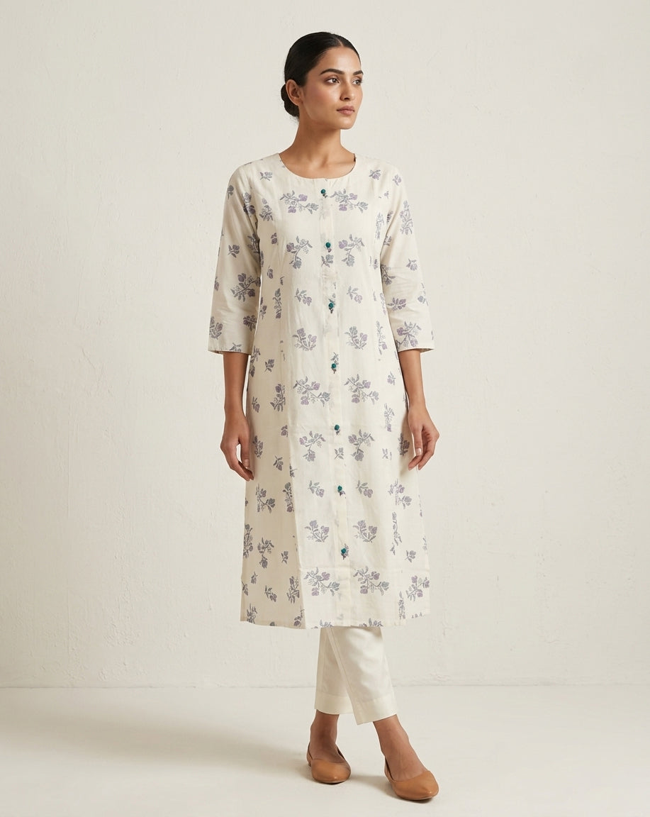 Off-White &amp; Purple Floral Sprig Cotton Blend Straight Kurta