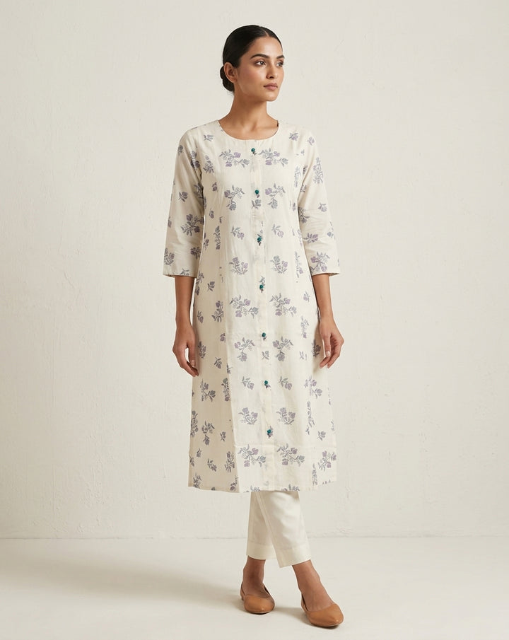 Off-White &amp; Purple Floral Sprig Cotton Blend Straight Kurta
