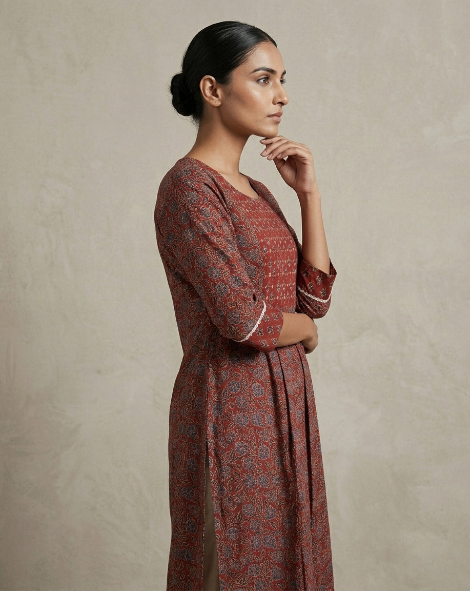 Terracotta Ajrakh Print Pleated Cotton Blend Kurta