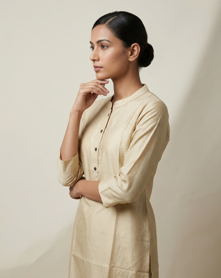 Champagne Beige-Gold Cotton Blend Solid Straight Kurta