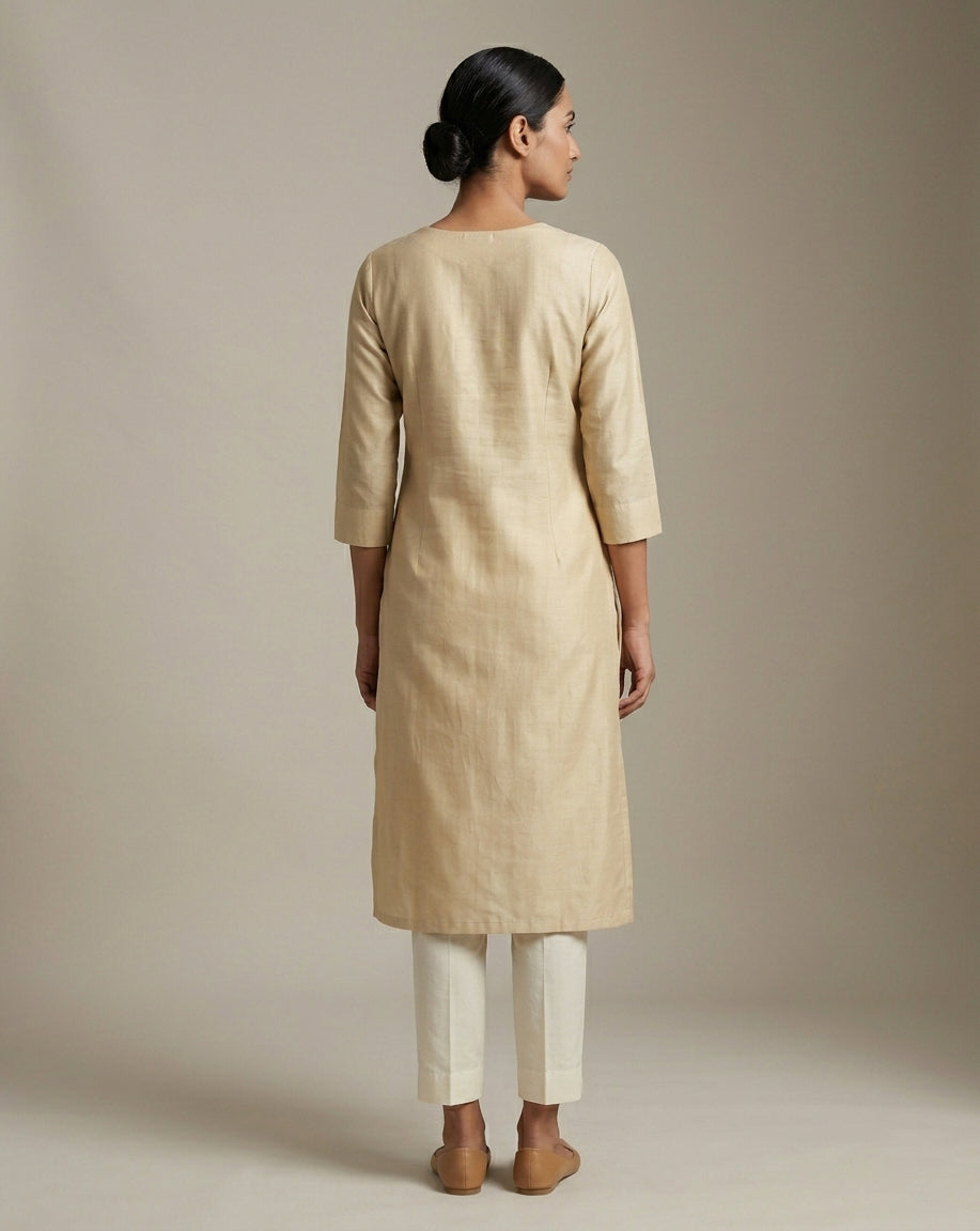 Champagne Beige-Gold Cotton Blend Solid Straight Kurta