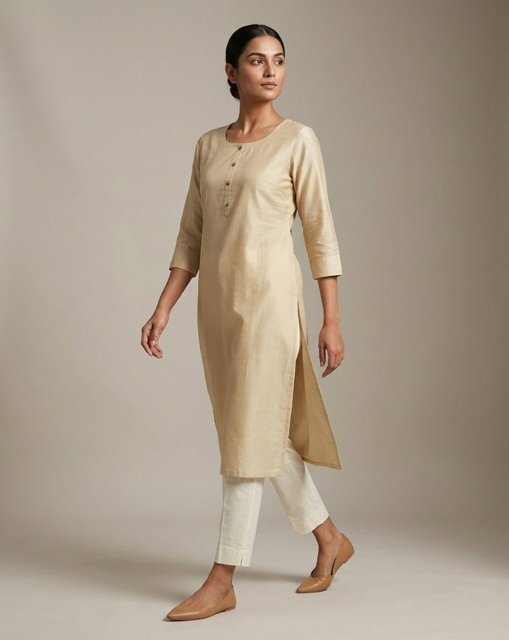 Champagne Beige-Gold Cotton Blend Solid Straight Kurta
