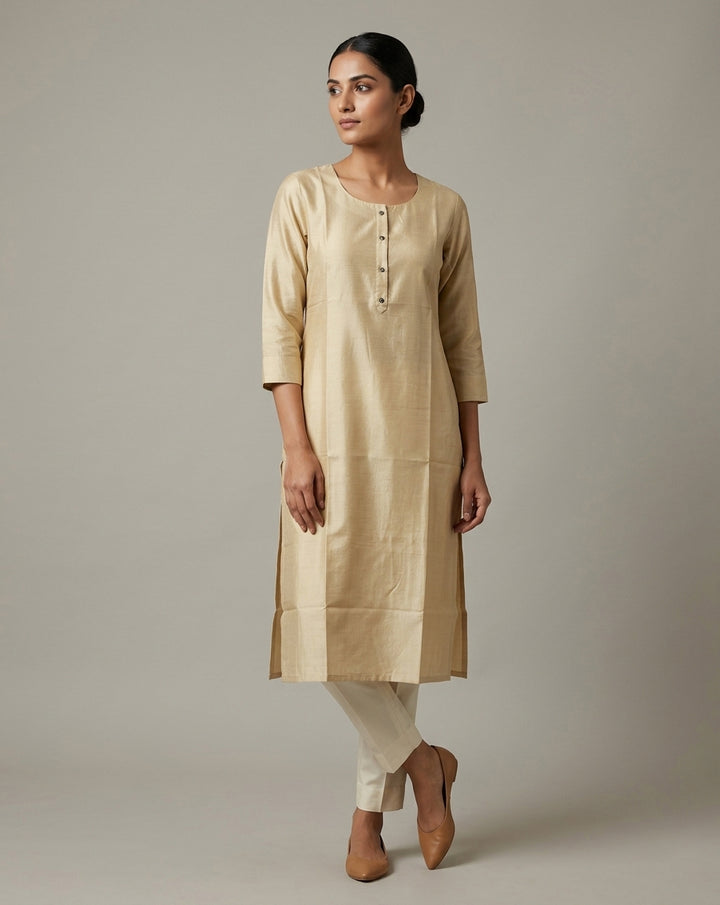 Champagne Beige-Gold Cotton Blend Solid Straight Kurta