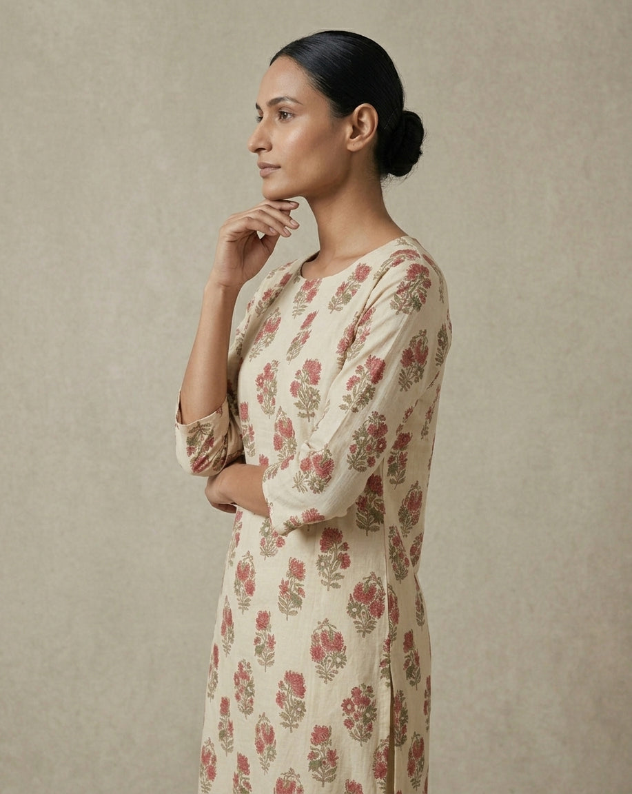Off-White Floral Buta Block Printed Cotton Blend Straight Kurta