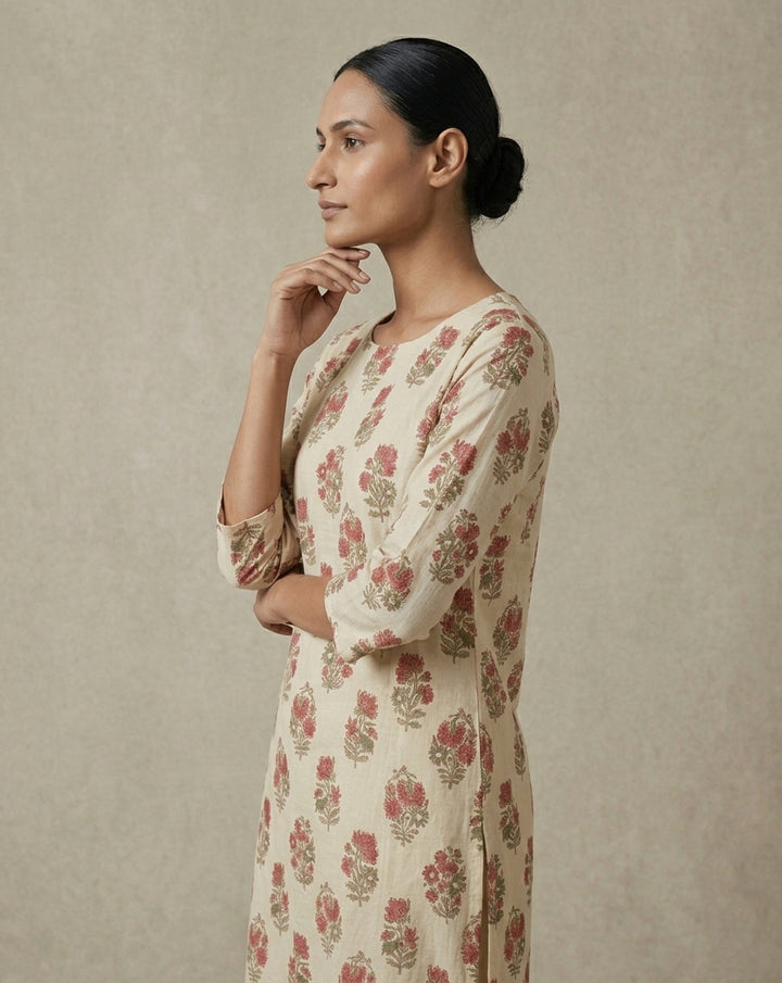 Off-White Floral Buta Block Printed Cotton Blend Straight Kurta