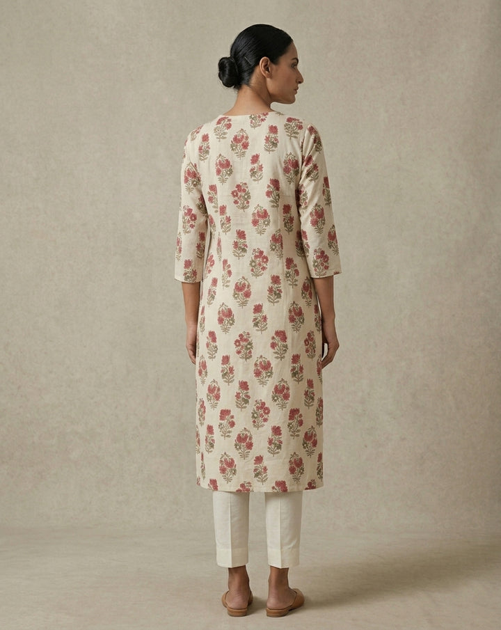 Off-White Floral Buta Block Printed Cotton Blend Straight Kurta