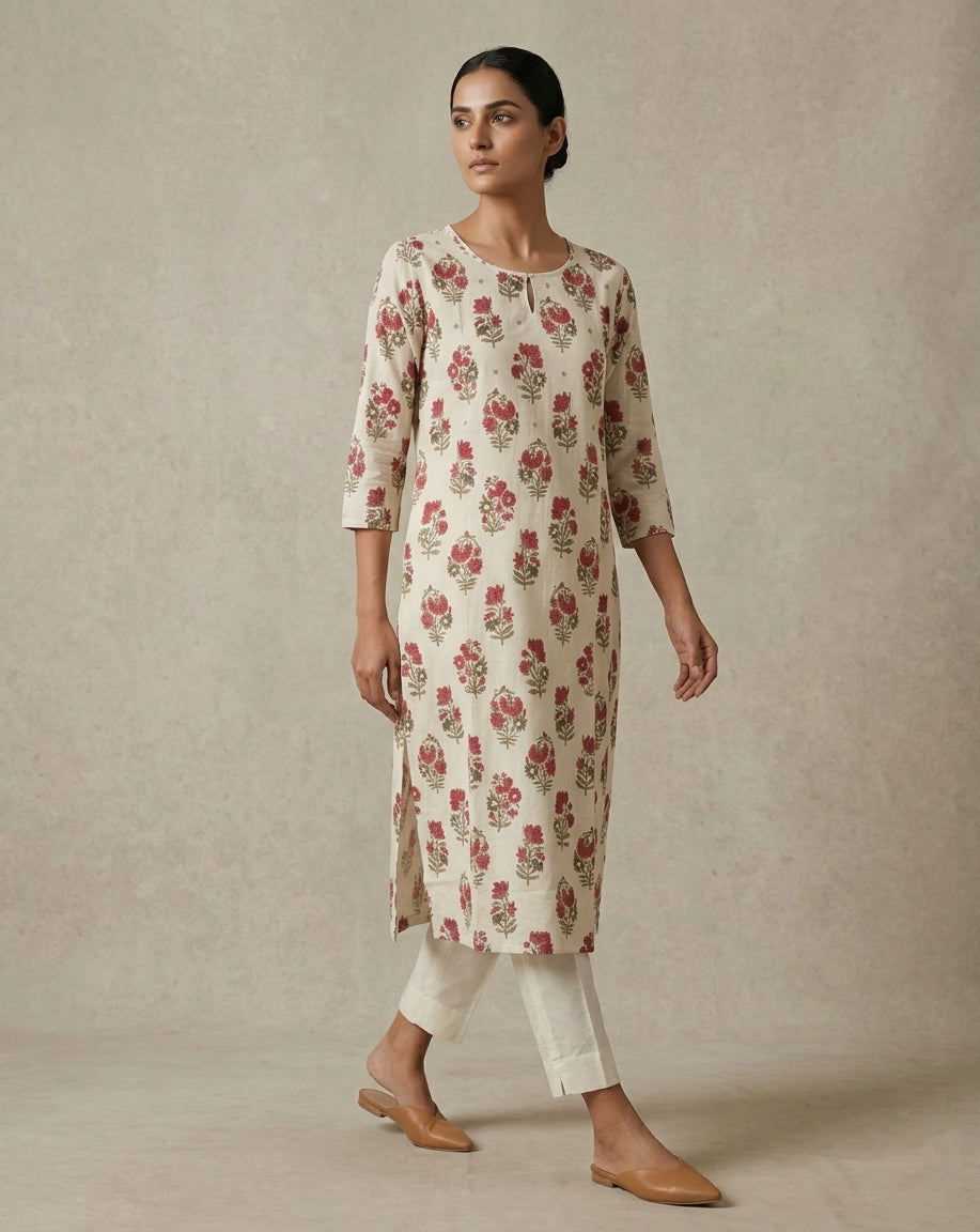 Off-White Floral Buta Block Printed Cotton Blend Straight Kurta