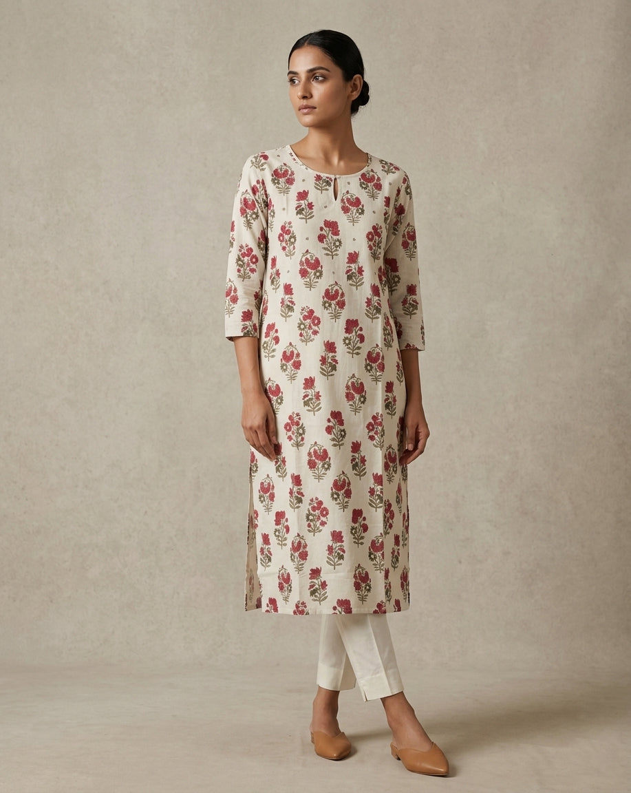 Off-White Floral Buta Block Printed Cotton Blend Straight Kurta