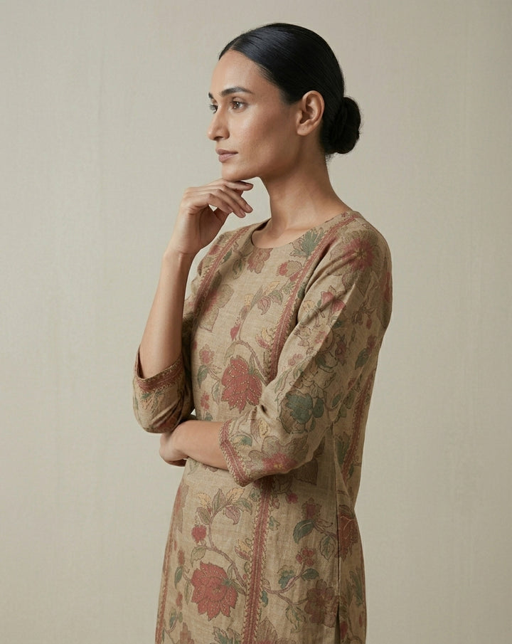 Brown Kalamkari Inspired Floral Print Cotton Blend Straight Kurta