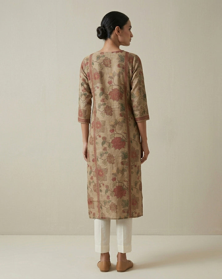 Brown Kalamkari Inspired Floral Print Cotton Blend Straight Kurta