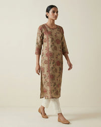Brown Kalamkari Inspired Floral Print Cotton Blend Straight Kurta 4