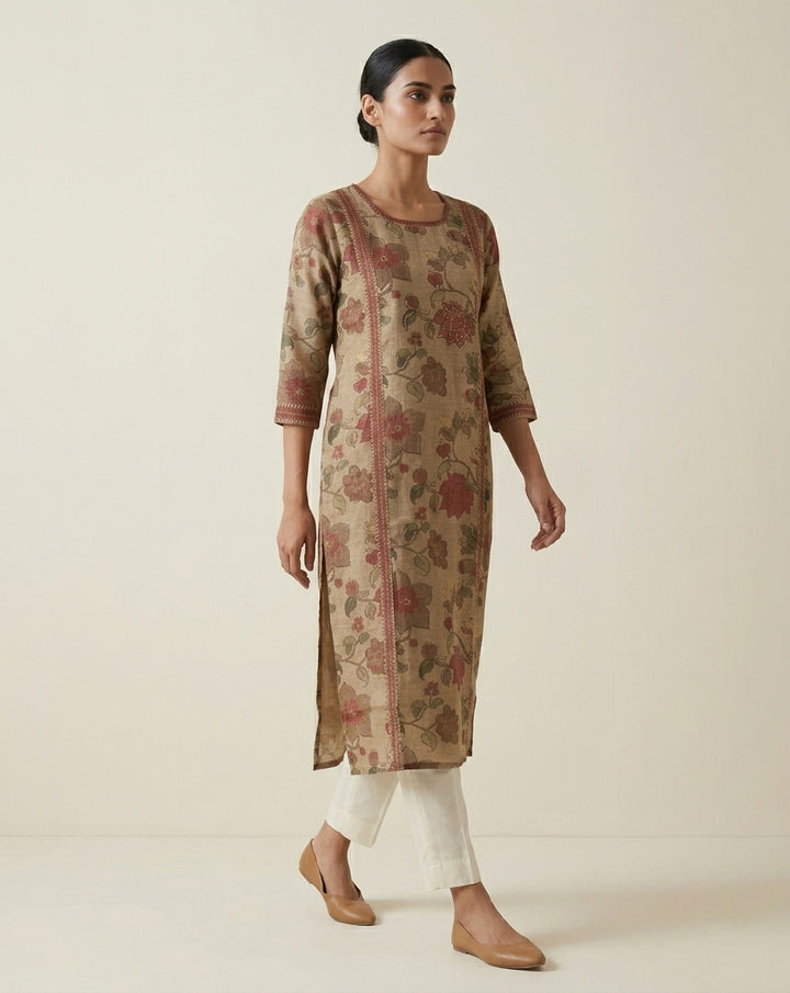 Brown Kalamkari Inspired Floral Print Cotton Blend Straight Kurta