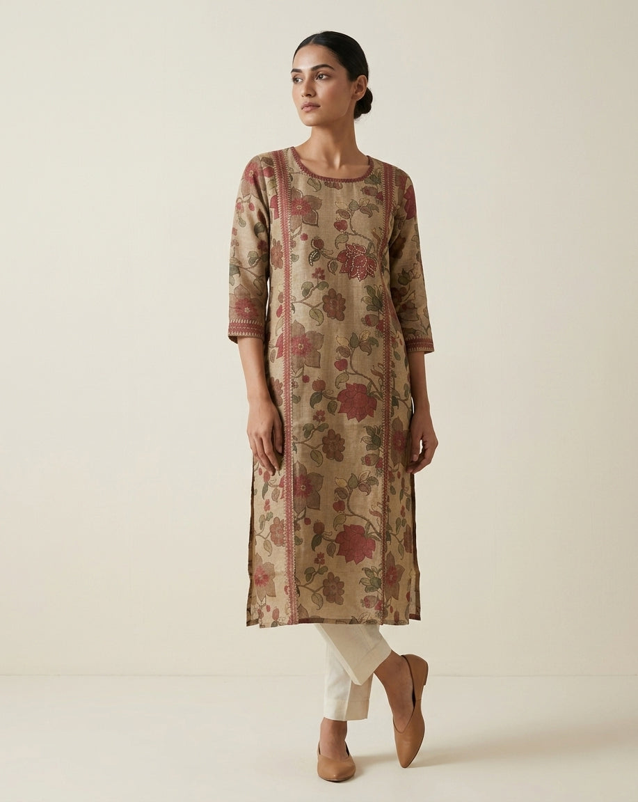 Brown Kalamkari Inspired Floral Print Cotton Blend Straight Kurta