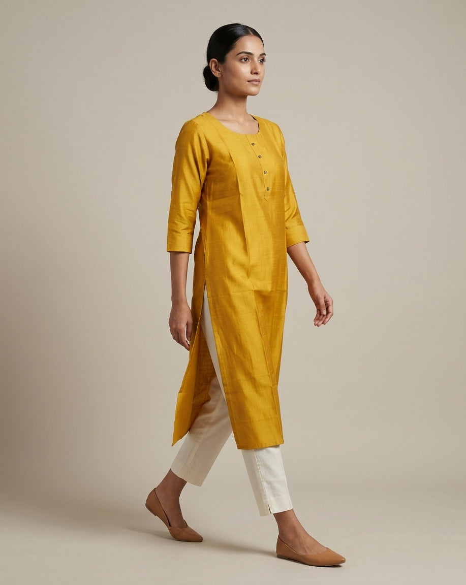 Mustard Yellow Solid Cotton Blend Straight Kurta