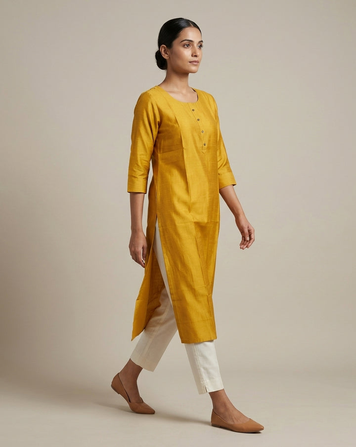 Mustard Yellow Solid Cotton Blend Straight Kurta