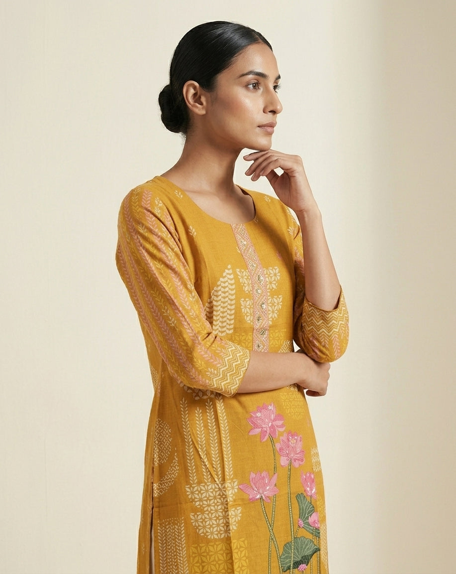 Mustard Yellow Lotus Print Cotton Blend Straight Kurta