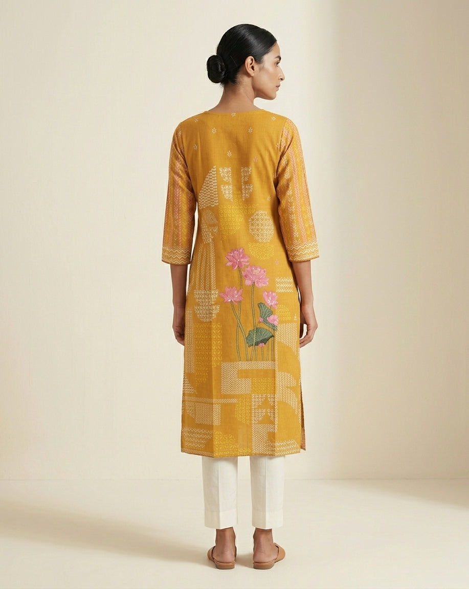 Mustard Yellow Lotus Print Cotton Blend Straight Kurta