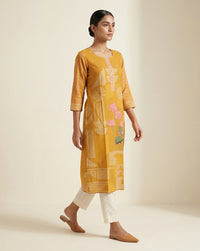 Mustard Yellow Lotus Print Cotton Blend Straight Kurta 4