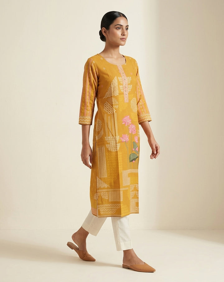 Mustard Yellow Lotus Print Cotton Blend Straight Kurta