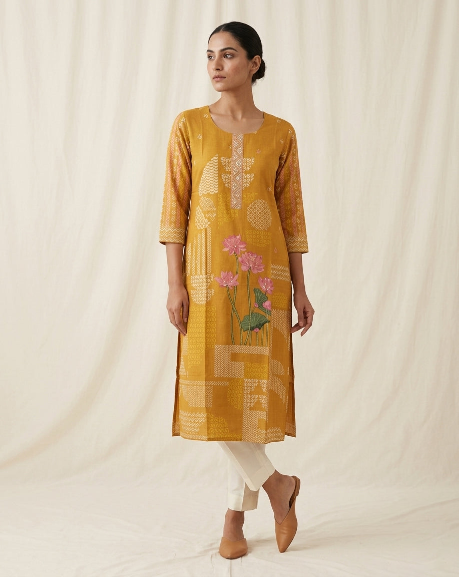 Mustard Yellow Lotus Print Cotton Blend Straight Kurta