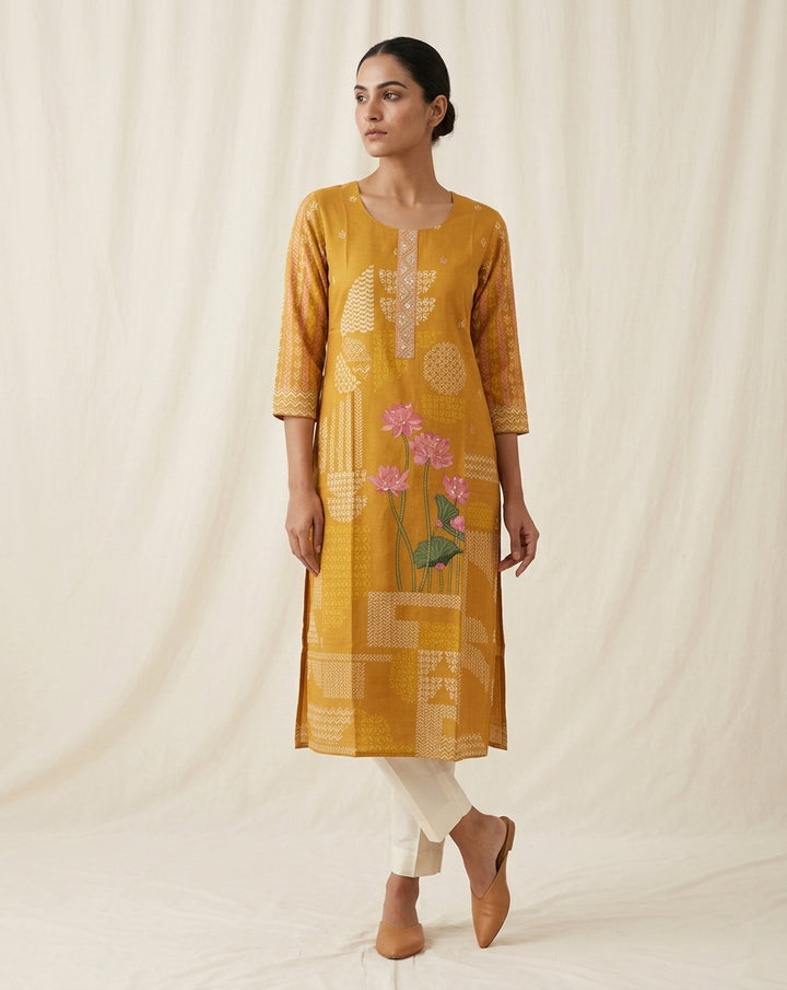 Mustard Yellow Lotus Print Cotton Blend Straight Kurta
