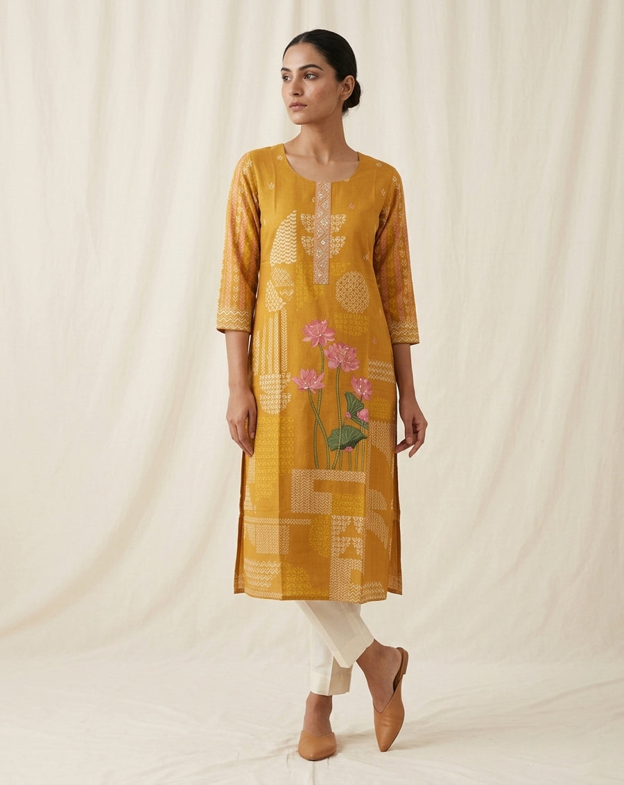 Mustard Yellow Lotus Print Cotton Blend Straight Kurta