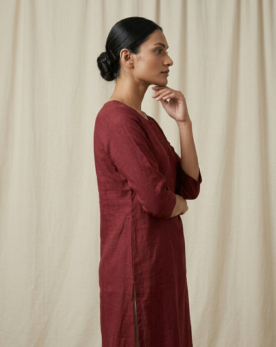 Wine Red Solid Cotton Blend Straight Kurta