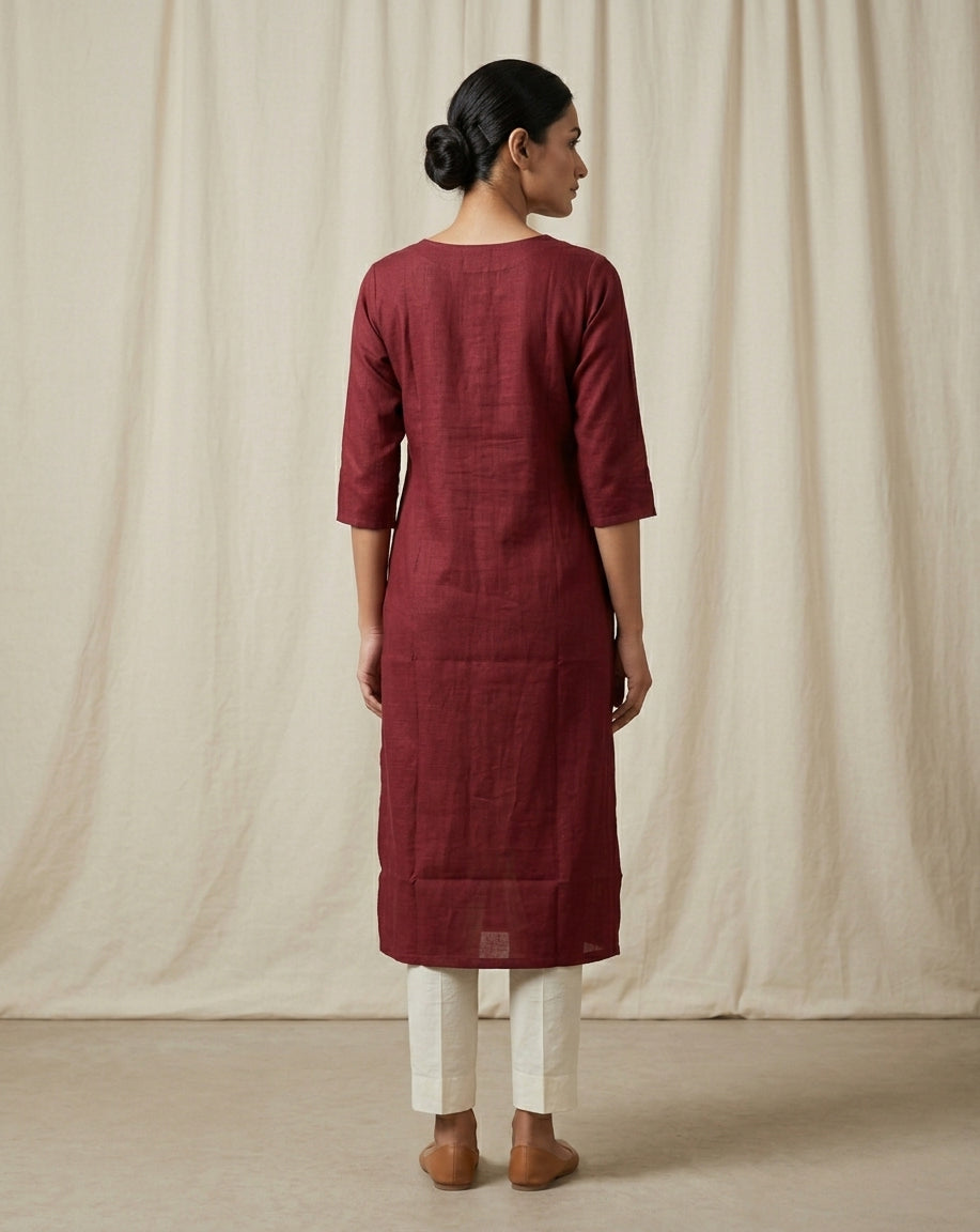 Wine Red Solid Cotton Blend Straight Kurta