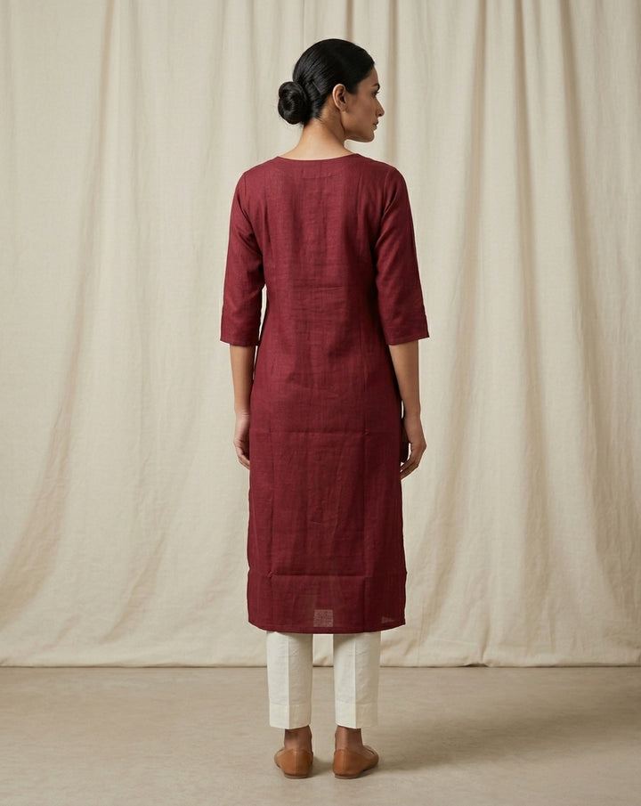 Wine Red Solid Cotton Blend Straight Kurta
