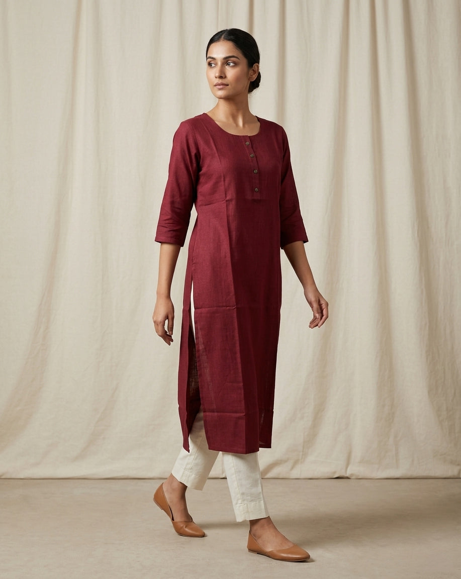 Wine Red Solid Cotton Blend Straight Kurta