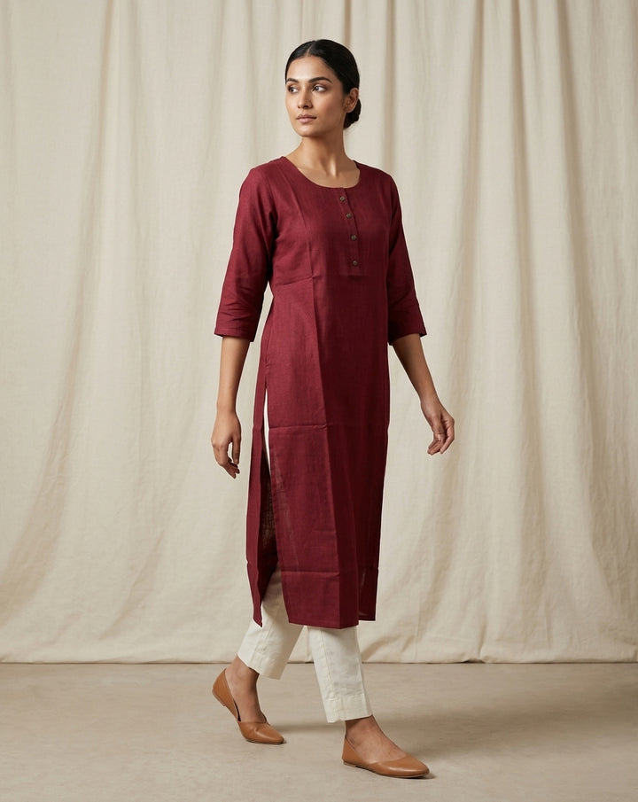 Wine Red Solid Cotton Blend Straight Kurta