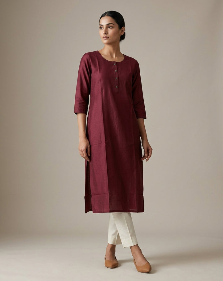 Wine Red Solid Cotton Blend Straight Kurta