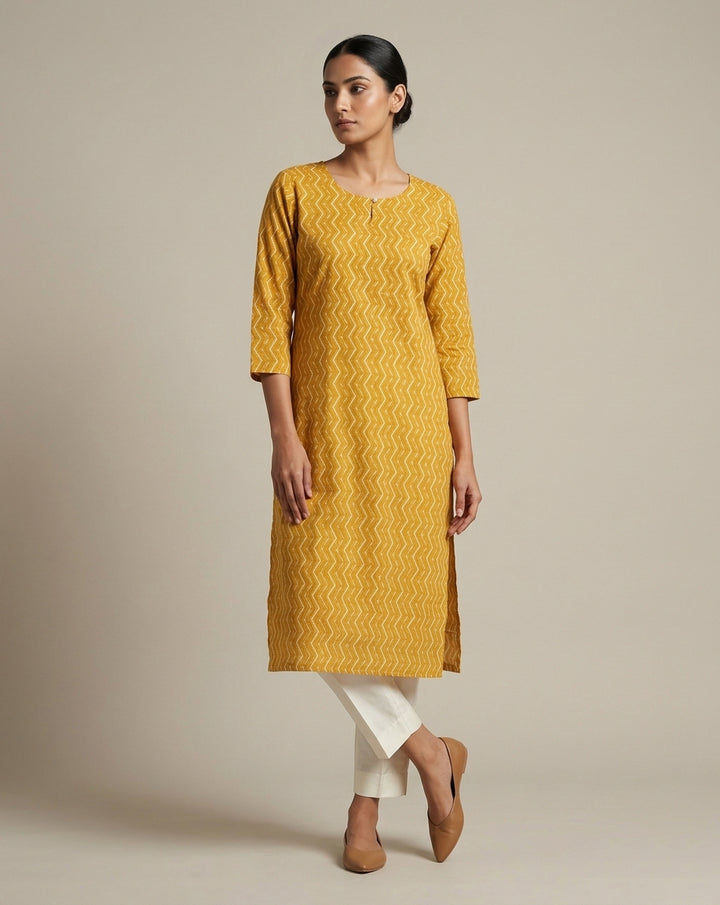 Mustard Yellow Zig-Zag Printed Cotton Blend Straight Kurta