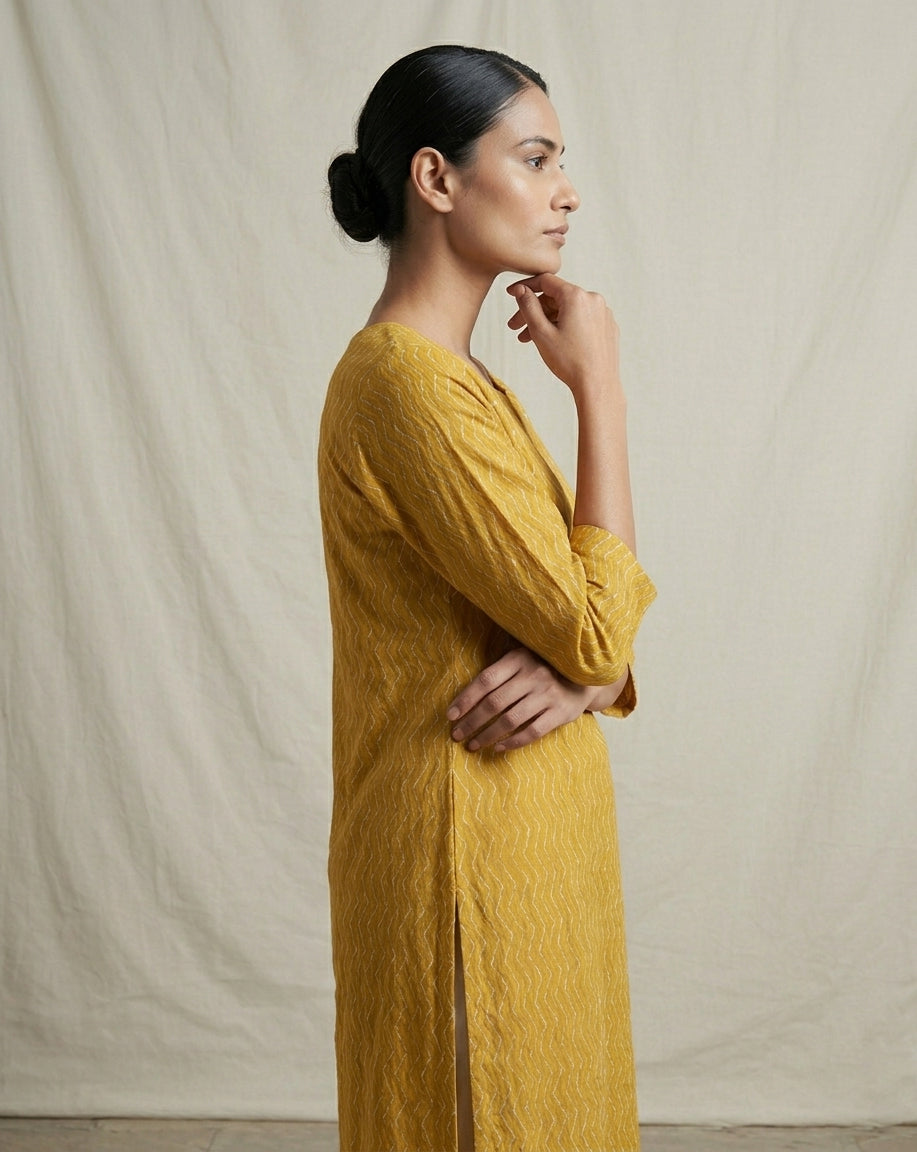 Mustard Yellow Zig-Zag Printed Cotton Blend Straight Kurta