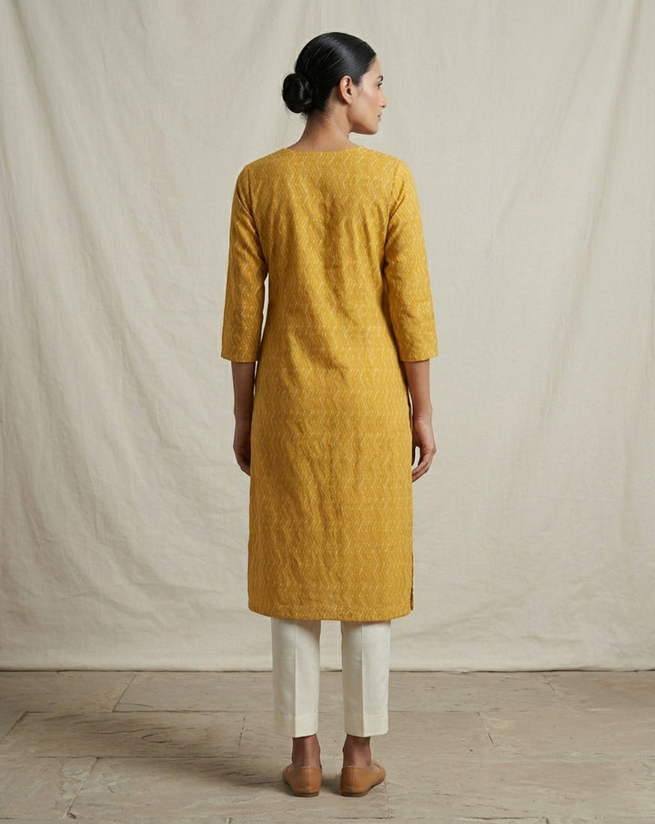 Mustard Yellow Zig-Zag Printed Cotton Blend Straight Kurta