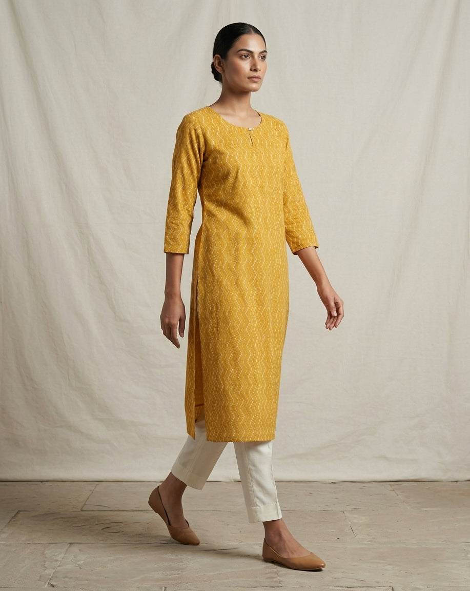 Mustard Yellow Zig-Zag Printed Cotton Blend Straight Kurta