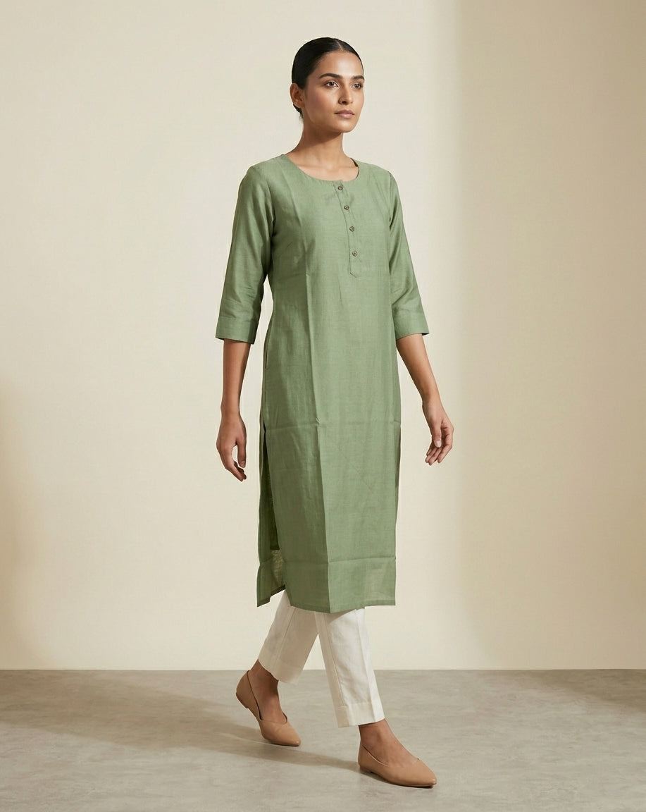 Sage Green Solid Cotton Blend Straight Kurta