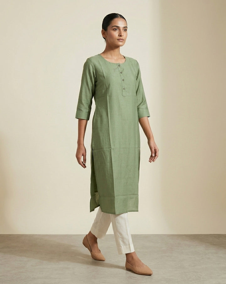 Sage Green Solid Cotton Blend Straight Kurta