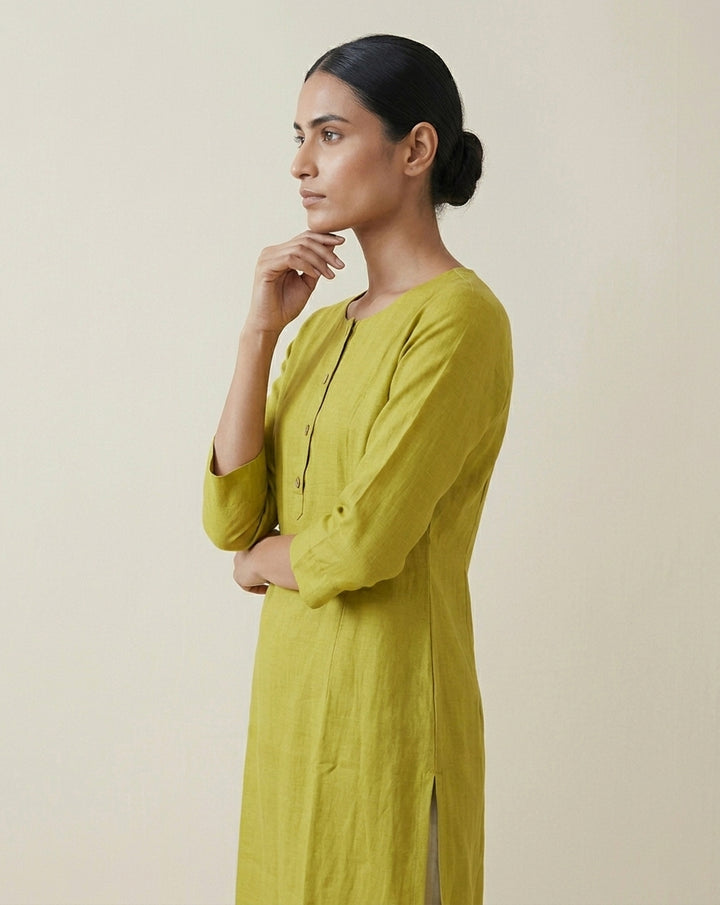 Olive Green Solid Cotton Blend Straight Kurta