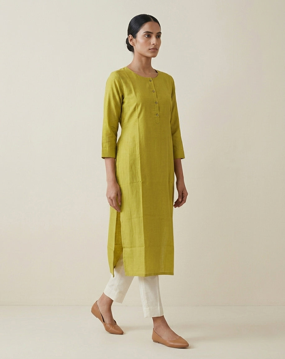 Olive Green Solid Cotton Blend Straight Kurta