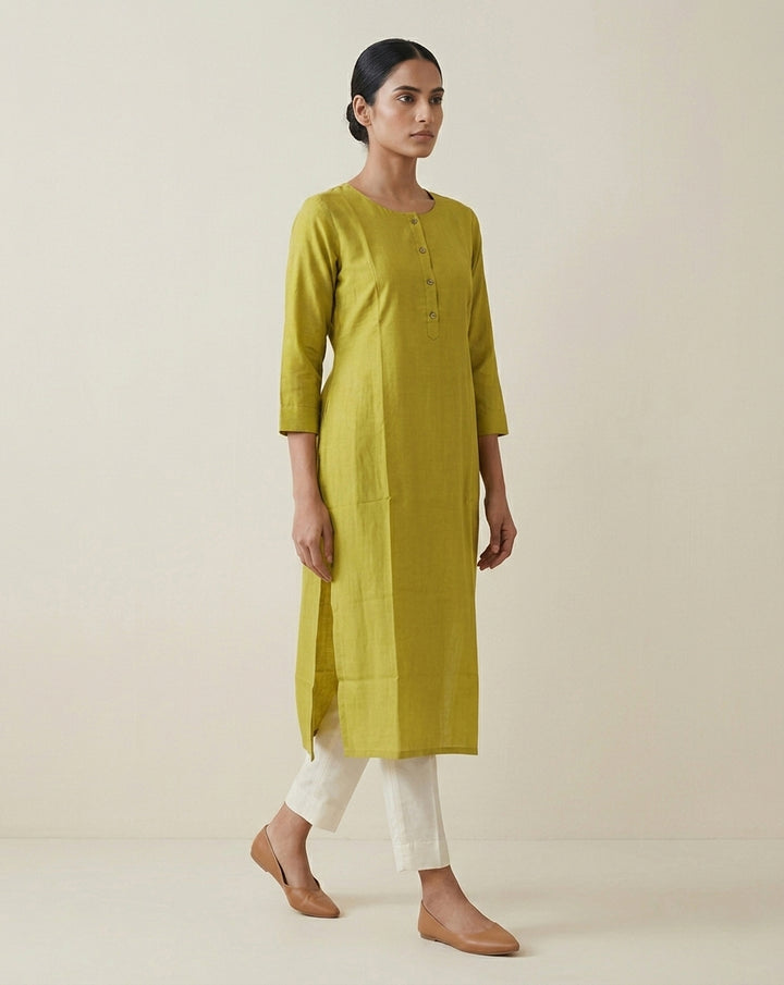 Olive Green Solid Cotton Blend Straight Kurta