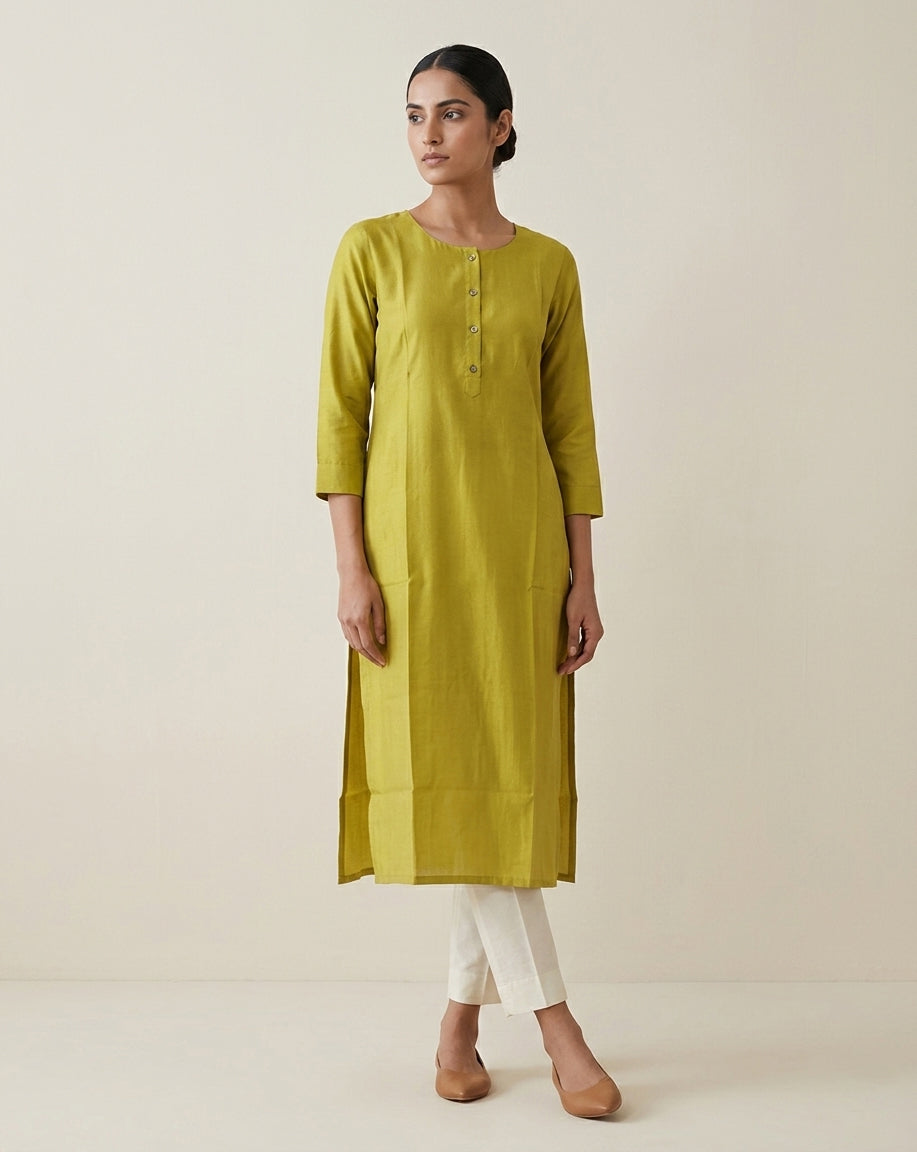 Olive Green Solid Cotton Blend Straight Kurta