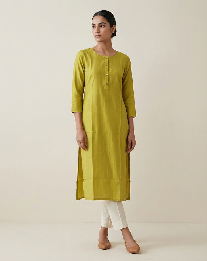 Olive Green Solid Cotton Blend Straight Kurta